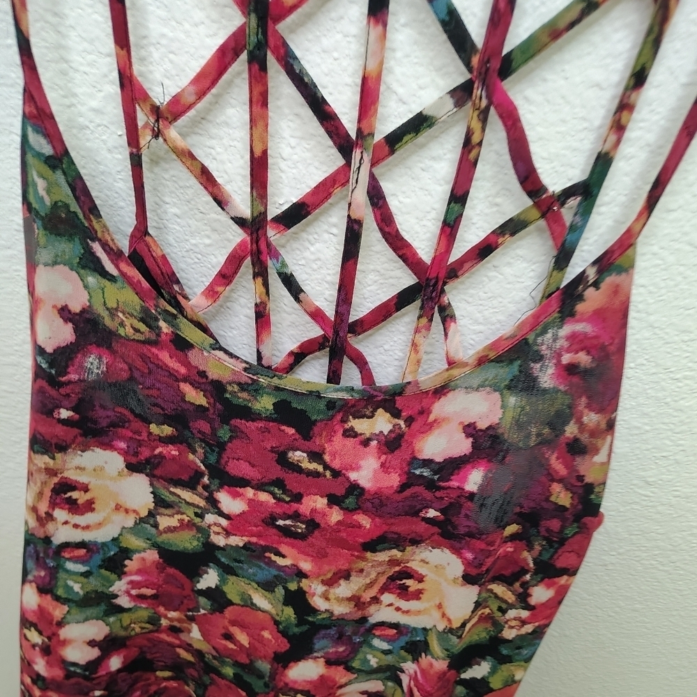 Forever21 openback lattice strappy back camisole floral roses chiffon dress Sz M - Picture 7 of 12